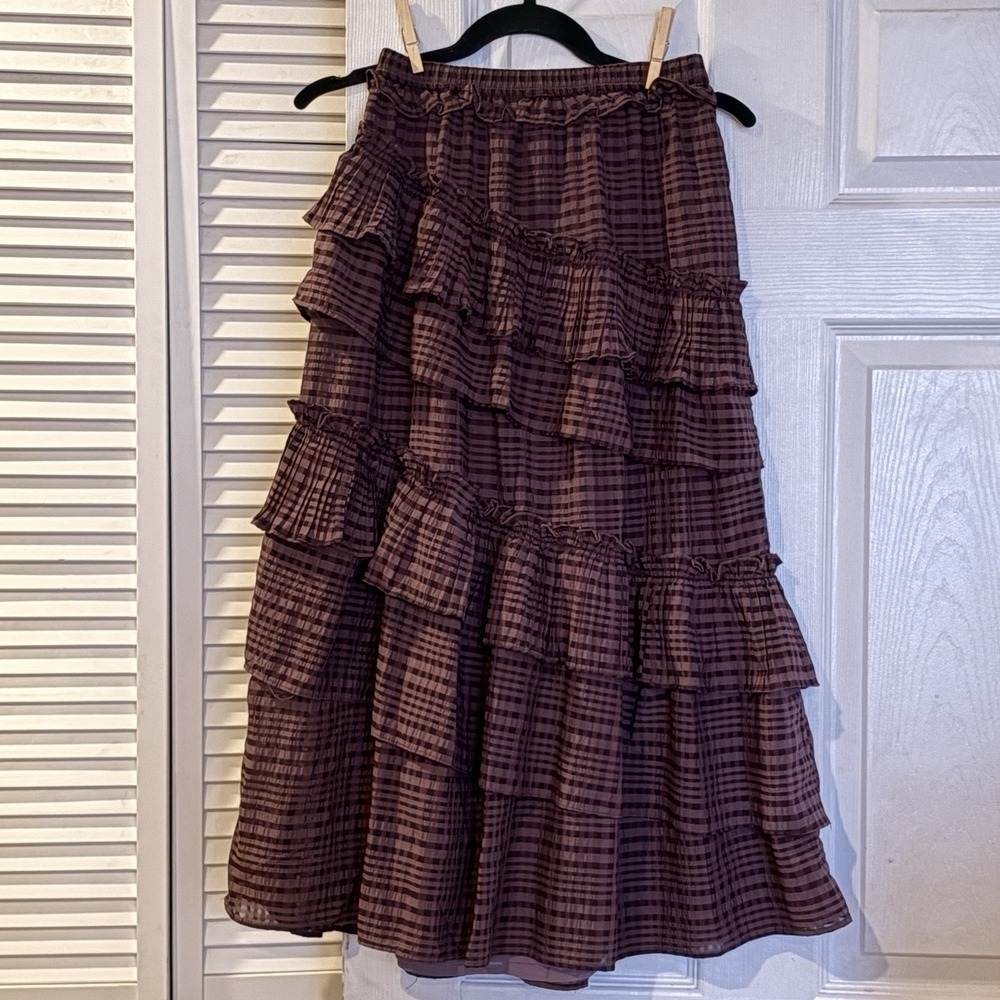 Anthropologie Current Air Gingham Tiered Skirt XS Dark Cottage Prairie Romance